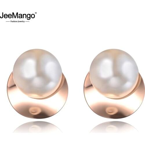 JeeMango Bohemia Stainless Steel Vintage Women Earrings Jewelry Hyperbole Rose Gold White Pearl Anniversary Earrings JE19109