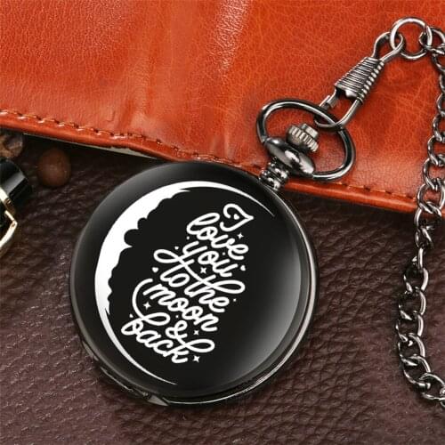 I Love You to The Moon Back Design Antique Black Pocket Watch Quartz Movement Fob Pendant Pocket Clock Gifts Men Women