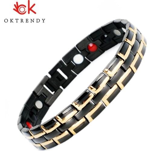 Healing Magnetic Bracelet Men/Woman Stainless Steel Health Care Elements(Magnetic,FIR,Germanium) Gold color Bracelet Hand Chain
