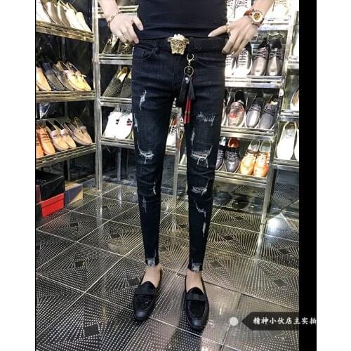 Fashion 2021 Autumn winter New denim social Distressed stretch cowboy men\s trousers skinny jeans men Korean pants masculina