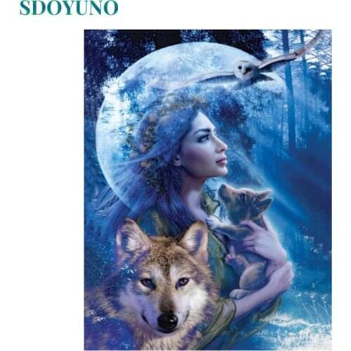 SDOYUNO Painting By Numbers Wolf and Women Framless DIY pictures by numbers Canvas Digital Painting Kits Wall Art