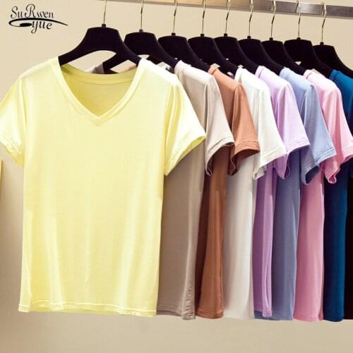 New Fashion Solid Color Women T-shirts Casual V Neck Summer Female Clothing Cotton Plus Size Ladies T-shirts Blusas Mujer 13462