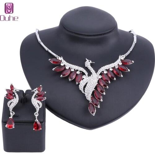 OUHE Luxury Woman Necklace Cubic Zircon Glittering Phoenix Crystal Statement Pendant Necklaces Earring Wedding Party Jewelry Set