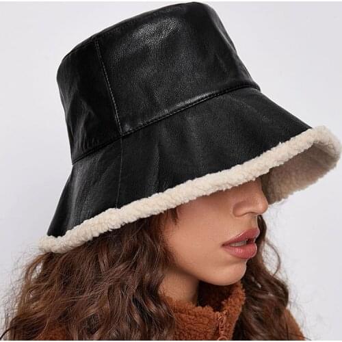 2020 Winter Vintage Bucket Hats Women PU Leather Fisherman Hat Solid Lamb Wool Warm Winter Hats Sun Caps Outdoor Female
