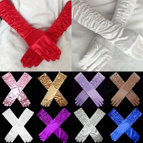Womens Party Formal Gloves Solid Color satin Long Full Finger Mittens For Event Activities Long Gloves Red White Rose Color