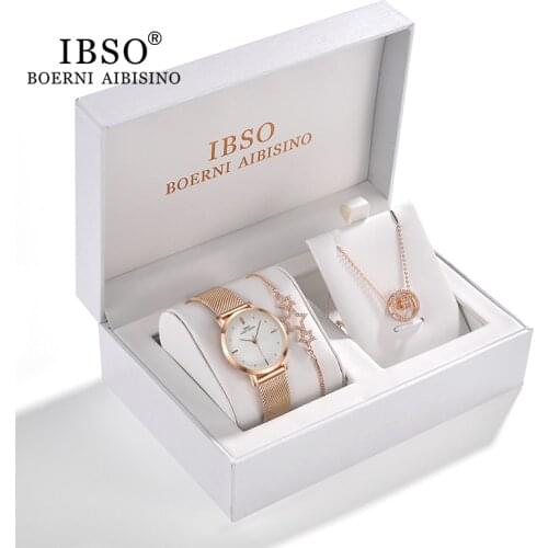 IBSO Women Watch Gift Set Crystal Design Bracelet Necklace Watch Sets Female Jewelry Set Fashion Silver Set Watch Ladys Gift