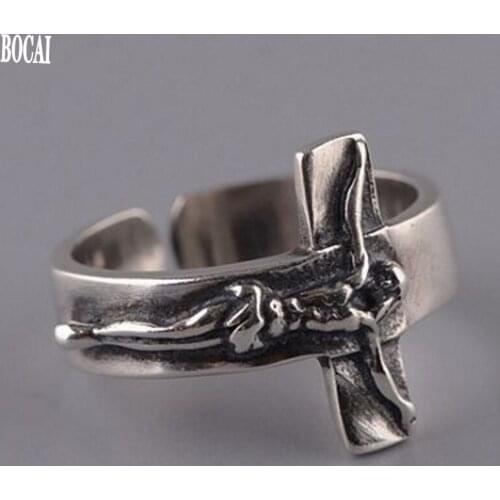 S925 Silver Retro Fashion Cross Jesus Ring Womans Silver Ring