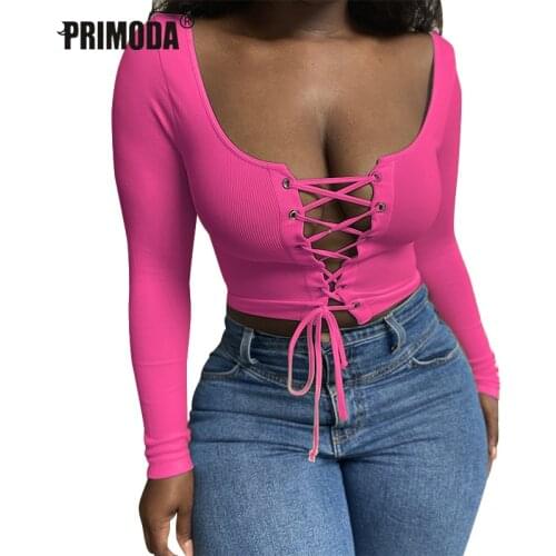 Spring Autumn T Shirts Women Full Bodycon Tops Knitted Buttons Midriff Sexy Crop Top Harajuku Lace Up Bandage Tees Mujer PR1701G