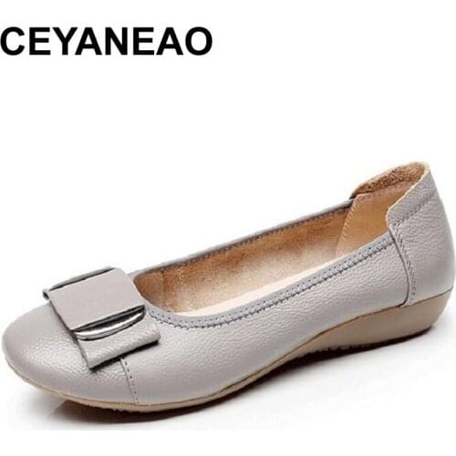 CEYANEAO2019 Women Spring Ballet Flats Genuine Leather Ballerina Luxury Shoes Women Bow Causal Slip-on Loafer ShoesForWomenE1841