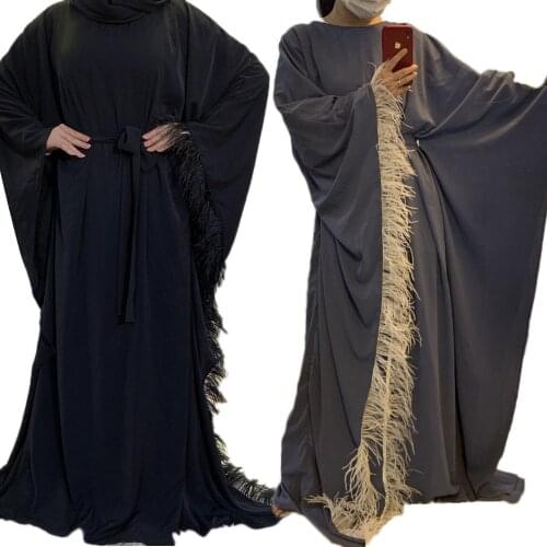 Muslim Women Maxi Dress Feather Abaya Dubai Batwing Sleeve Loose Jilbab Turkish Kaftan Farasha Long Party Gown Oversize Caftan