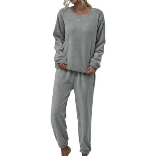 Women Autumn Winter Plush Blouse Warm Pants Loungwear Homwear Two Piece Outfit