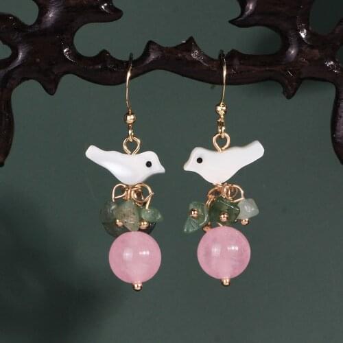 FARLENA JEWELRY Unique Design Natural Shell Bird Drop Earrings with Semi-precious Stone Vintage Pink Crystal Earrings women