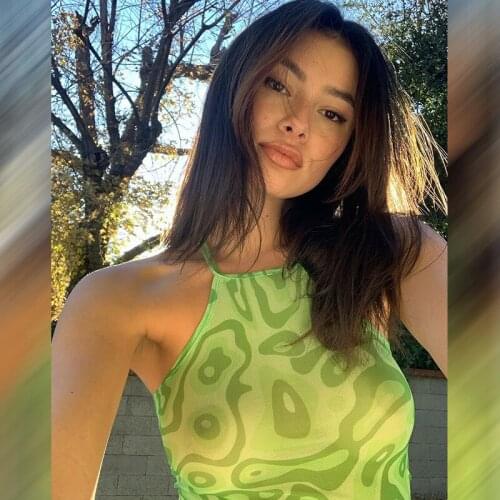 Halter Sexy Backless Sleeveless Camisole With Fluorescent Print Slim Perspective Womens Top 2021