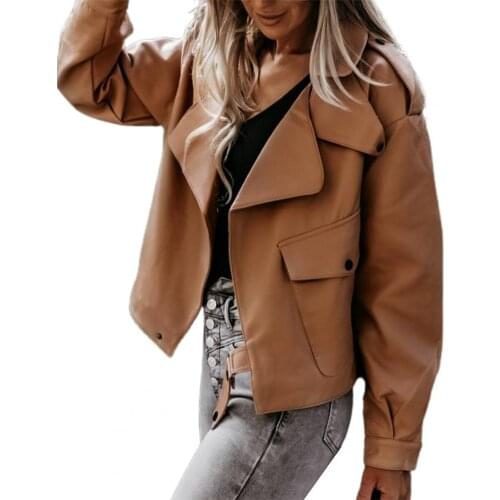 Lady Coat Turn-down Collar Solid Color Cardigan Faux Leather Jacket With Belt for Daily Wear Lady Coat Jacket