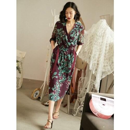 100% Silk Summer Dress 2021 Elegant Vintage Dresses for Women Floral Long Dress Female Korean Fashion Vestido De Mujer Pph3900