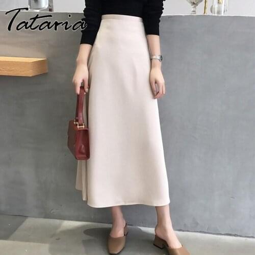 A Line Satin Skirts Womens 2021 Autumn Korean Fashion Office Lady Elegant Long Skirts Khaki Simple All Match Slim Bodycon Skirt