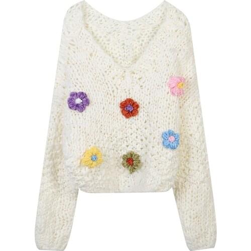 White Sweaters Women Pullovers Hand-made Knit Crop Tops Sexy V-Neck Jumper Jersey Floral Fashion Streetwear Japanese Korean Lady