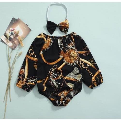 0-24M Newborn Baby Bodysuit with Headband Printed Long Sleeve Off Shoulder Romper with Bow Headdress 2Pcs Casual Outfits