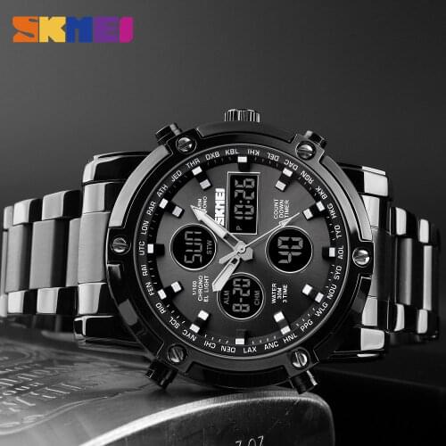 SKMEI Mens Watches Top Luxury Brand Sports Watch Countdown Stainless Steel Strap Quartz Wristwatch Men Clock Relogio Masculino