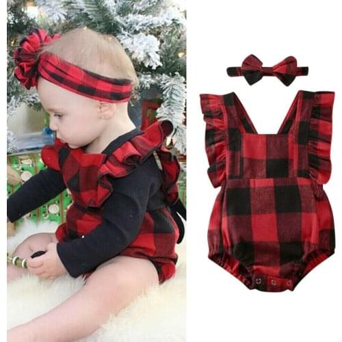 0-18M Christmas Baby Red Clothes Newborn Infant Girls Plaid Rompers Ruffles Jumpsuit Sleeveless Xmas Baby Girls Costumes
