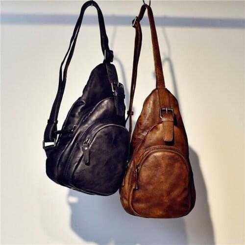 Fashion simple mens genuine leather chest bag top layer cowhide personality retro multi-compartment casual youth small satchel