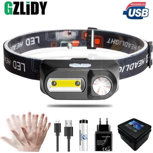 Portable LED Headlamp XPE+COB Headlight IR Induction 18650 Light USB Rechargeable Waterproof Camping Torch Powerful Head Lamp