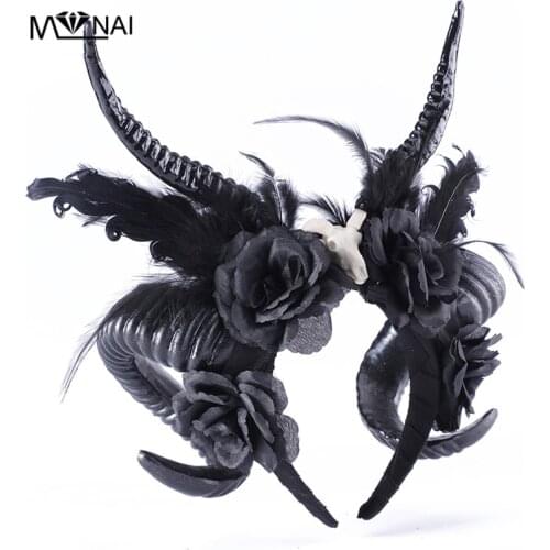 New Handmade Antelope Headband Gothic Black Rose Feather Skeleton Headbands Vintage Horns Hair Band For Halloween Party