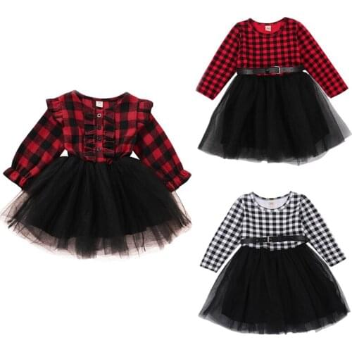 1-5Years Christmas Kids Girl Cloths Lace Tutu Dress Plaid Long Sleeve Print Patchwork Knee Length Xmas Party Dress