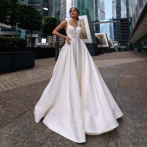 Magic Awn Elegant Satin Wedding Dresses 2021 Lace Appliques Backless A-Line Boho Princess Wedding Party Dress Simple Vestidos