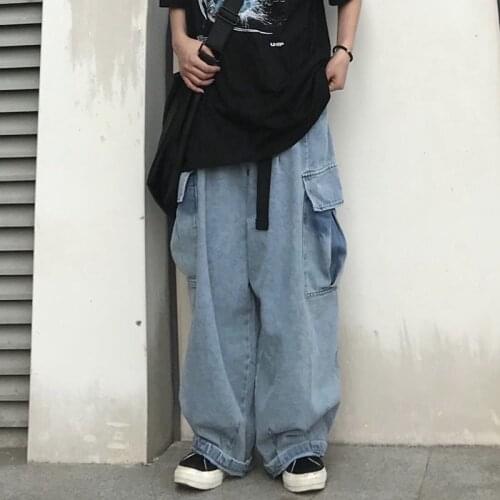 Japanese retro straight wide-leg tooling jeans lazy wind loose and thin high-waist bloomers ins tide