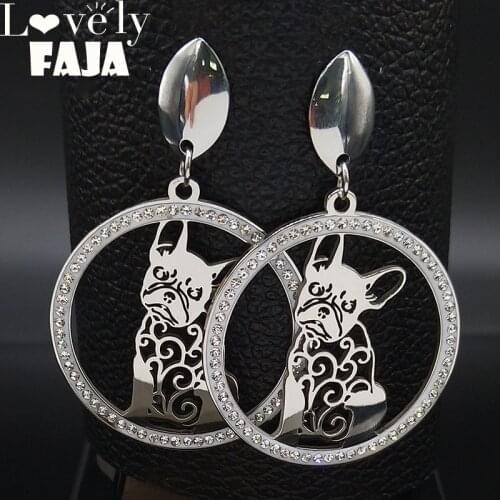 2021 French Bulldog Silver Color Crystal Stainless Steel Earrings for Women Stud Earings Jewelry pendientes mujer moda E612758