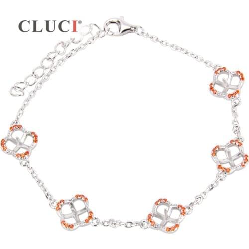 CLUCI 925 Sterling Silver Four Leaf Clover Bracelet Mounting with red zircons Women Fashion lucky flower Charm Bracelet SB062SB