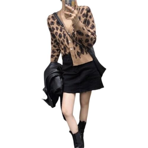 Womens Button Down Sweater Casual Long Sleeve V Neck Leopard Print Loose Knit Cardigan Coat Spring And Fall