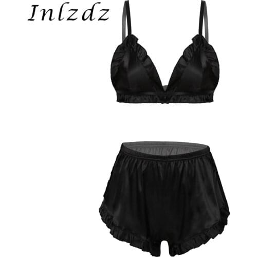 Womens Lingerie Satin Pajama Bra Set Sexy Nightwear Ruched V-neck Wireless Unlined Erotic Hot Bra with Elastic Waistband Shorts