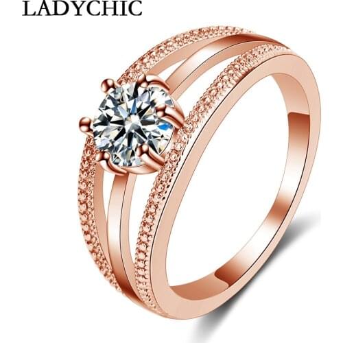 LADYCHIC Austrian Cubic Zirconia Rose / White Gold Color Rings Elegant Crystal Ring for Women Engagement Party Wedding LR1033