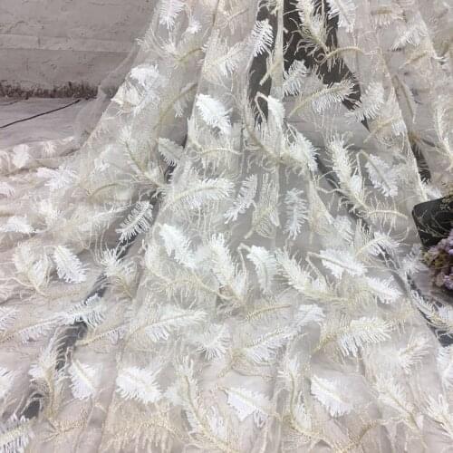 1yard White Pink Blue African Lace Fabric Feather Pattern Embroidered French Lace Fabric for Diy Apparel Clothing Accessory