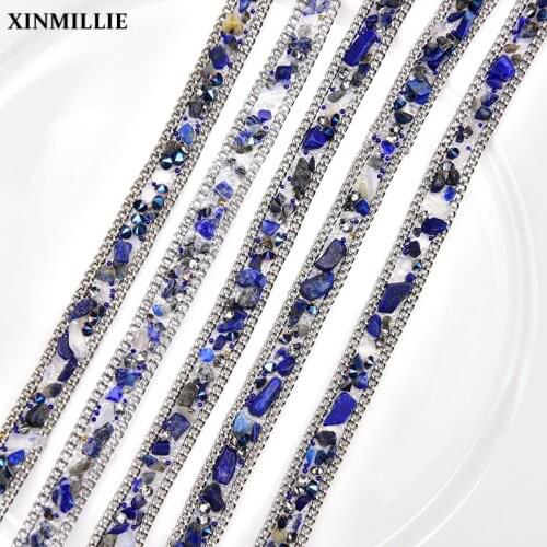 1 Yard/Lot Rhinestone Trim 1cm Width Blue Stones Hot-Fix Crystal Ribbon Wedding Dress Decoration Bridal Applique DIY Accessories