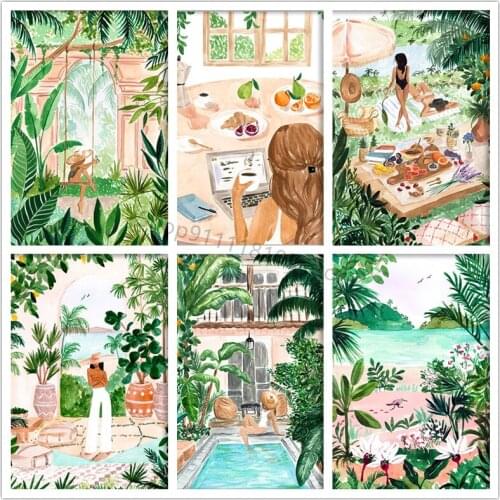 Diy Diamond Embroidery Beach Swimming Pool Morocco Tropical Jungle 5d Square Diamond Painting Diamond Mosaic Mosaic Cross Stitch