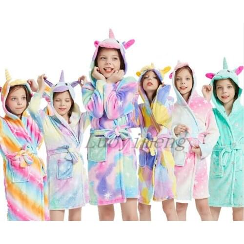 Kigurumi Children Bathrobe Cartoon Baby Bath Robe Animal Unicorn Hooded Bathrobes For Boys Girl Pajamas Nightgown Kids Sleepwear
