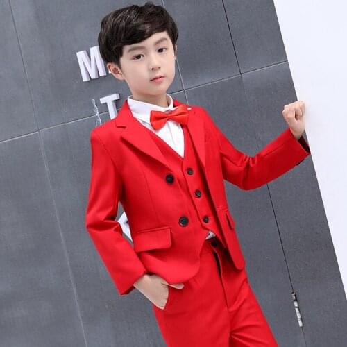 Kids Red Jacket+Vest Pants Bowtie 4pcs Wedding Suit Flower Boys Birthday Formal Dress Gentleman Kids Party Costume