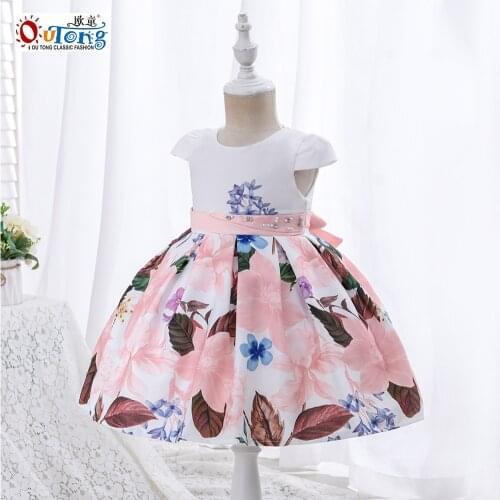 Outong Summer Dress Kids Clothes Girls Flower Print Beading Short Sleeve For 1-4 Years Childrens Clothing Casual Cotton Dress