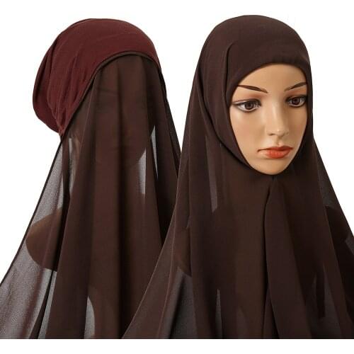 Double- loops Instant Malaysian Hijabs head hijab wrap solid instant shawls foulard femme muslim hijabs chiffon with modal cap