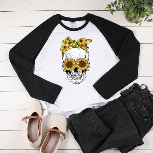 Vogue Skull Sunflowers Scarf Print Long Sleeve T-shirts Women Autumn Winter Tshirt Women Casual Two-tone Stiching Tops for Teens