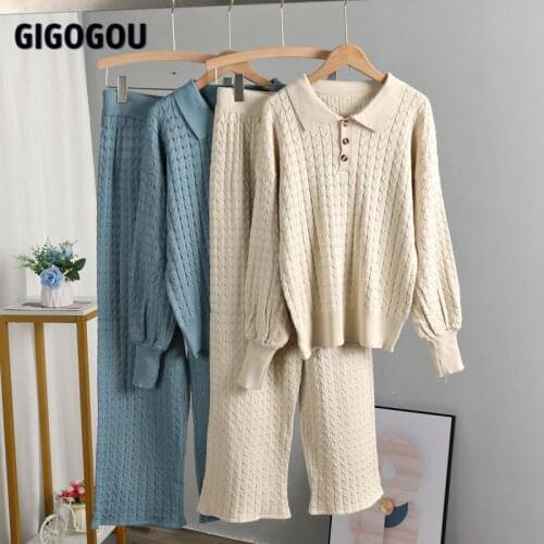 GIGOGOU Drape Wide Leg Pants Womens Tracksuits POLO Long Lantern Sleeve Women Sweater 2/Two Piece Sets Outfits Suits Outfits