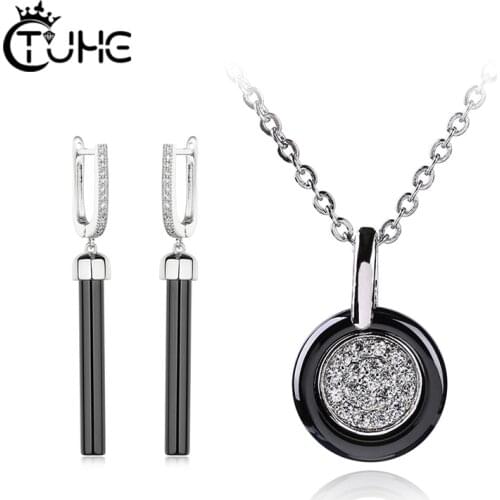 Exquisite Classic Black White Round Pendant Necklace With Long Drop Earrings Women Ceramic Jewelry Set Engagement Party Gift