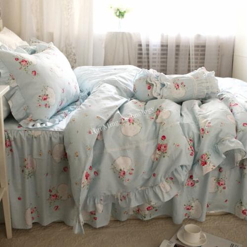 Fresh blue LOVE bedding set cotton rustic ruffle duvet cover quilt cover elegant wrinkle bedspread princess pillowcase HM-07B