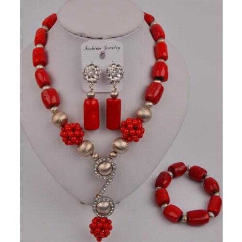 Fashion Red Nigerian Coral Beads African Wedding Coral Necklace Bridal Jewelry Sets 12-G-04
