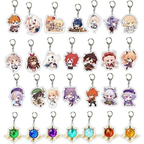 28Pcs Wholesale Genshin Impact Acrylic Keychains Cute Anime Venti Zhongli Diluc Paimon Tartaglia Mona Figure Keyring Fans Gift