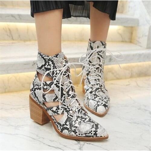 PXELENA Retro Punk Gothic Rock Combat Gladiator Sandals Women Summer Boots Hollwo Out Block Heels Snake Print Party Shoes 34-43