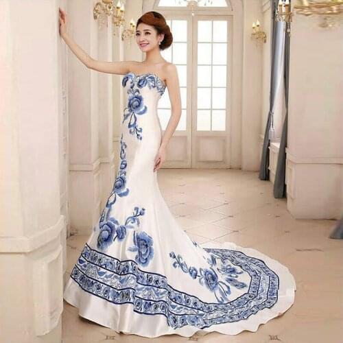 Luxury Embroidery Evening Dress Long Blue And White Porcelain Chinese Wedding Qipao Cheongsam Dress Oriental Style Dresses Party